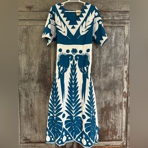 Farm Rio - blue and white macaw embroidery dress